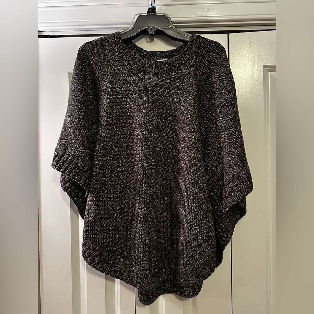 CAbi Dark Gray Knit Poncho with silver Style 4247 with removable cowl neck